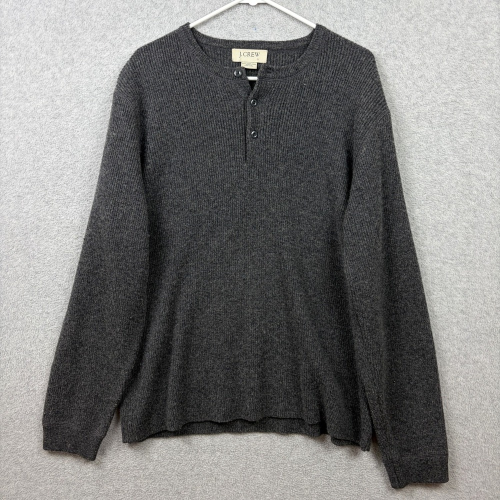 Vintage J Crew Sweater Mens Large Gray Lambs Wool Henley Knit Pullover